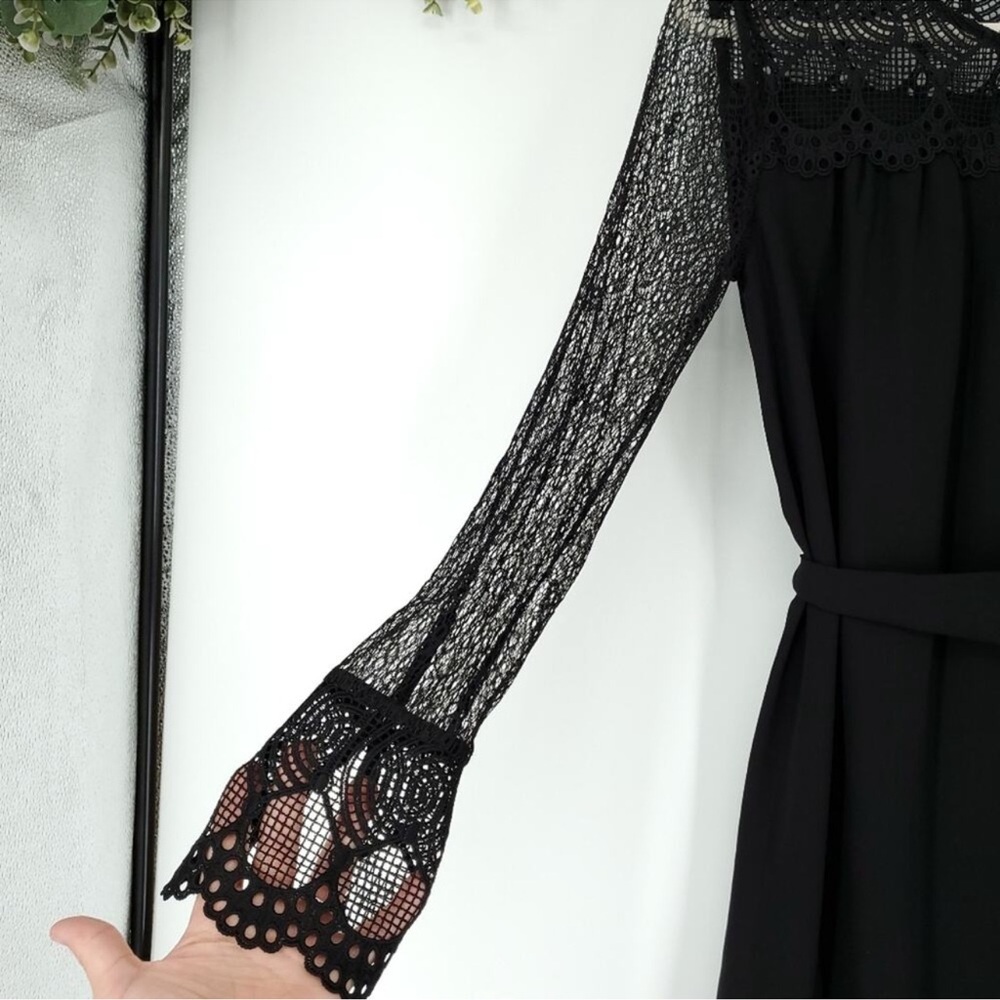 REISS Callista Lace Sleeve Belted Black Dress Size 0 - Picture 5 of 8